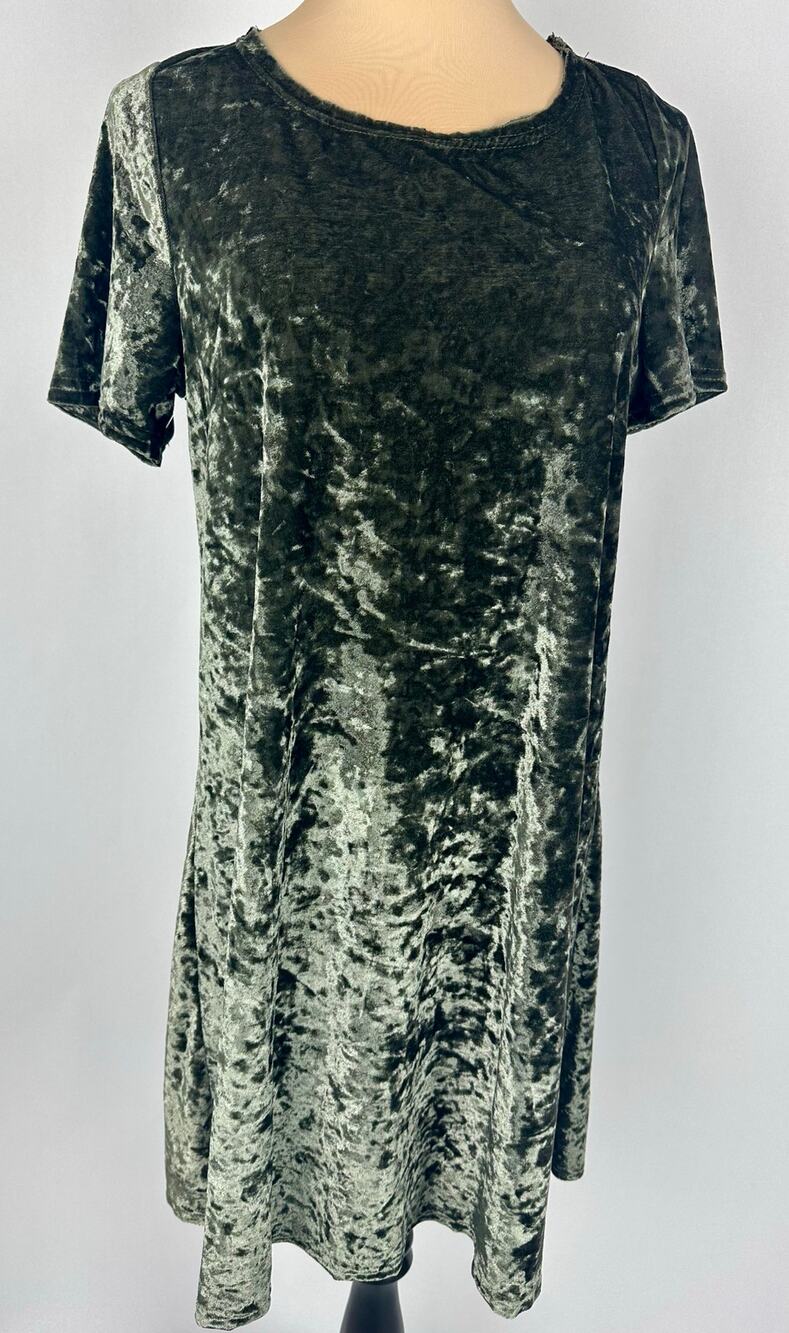 POL Size Small Olive Green Velvet Mini Shift Dress Short Sleeves Party Loose Fit